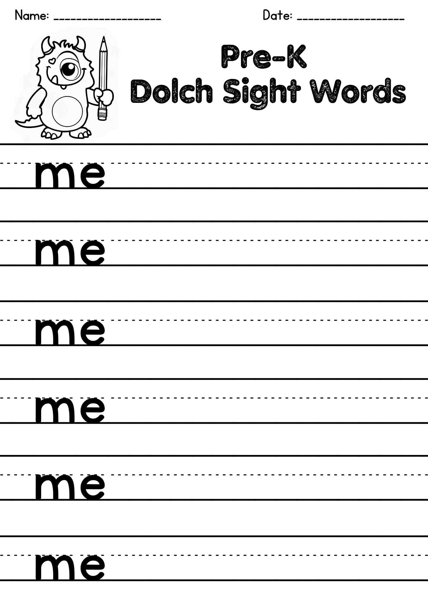 "me" Dolch Sight Word Writing Worksheets – Free PDF Download for Early Learners